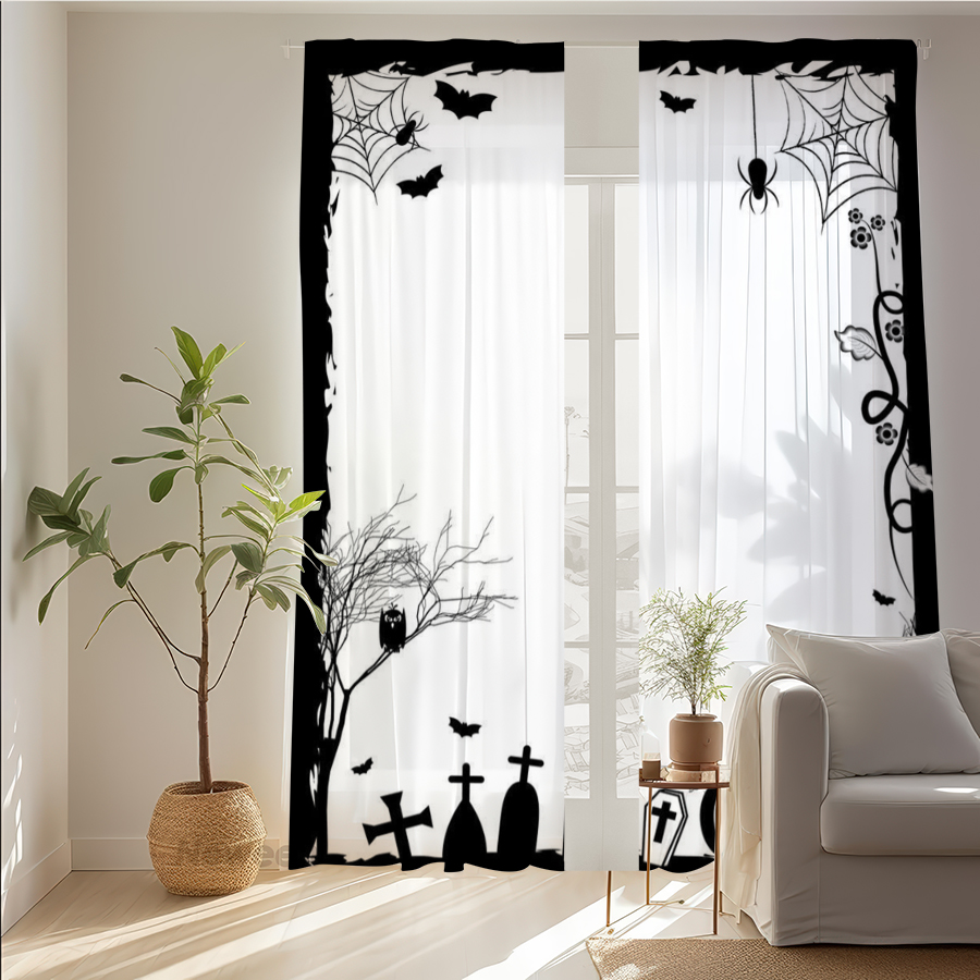 Spider Web Halloween Decoration - 2PCS 디지털 프린트 시스루 커튼, 거미줄
